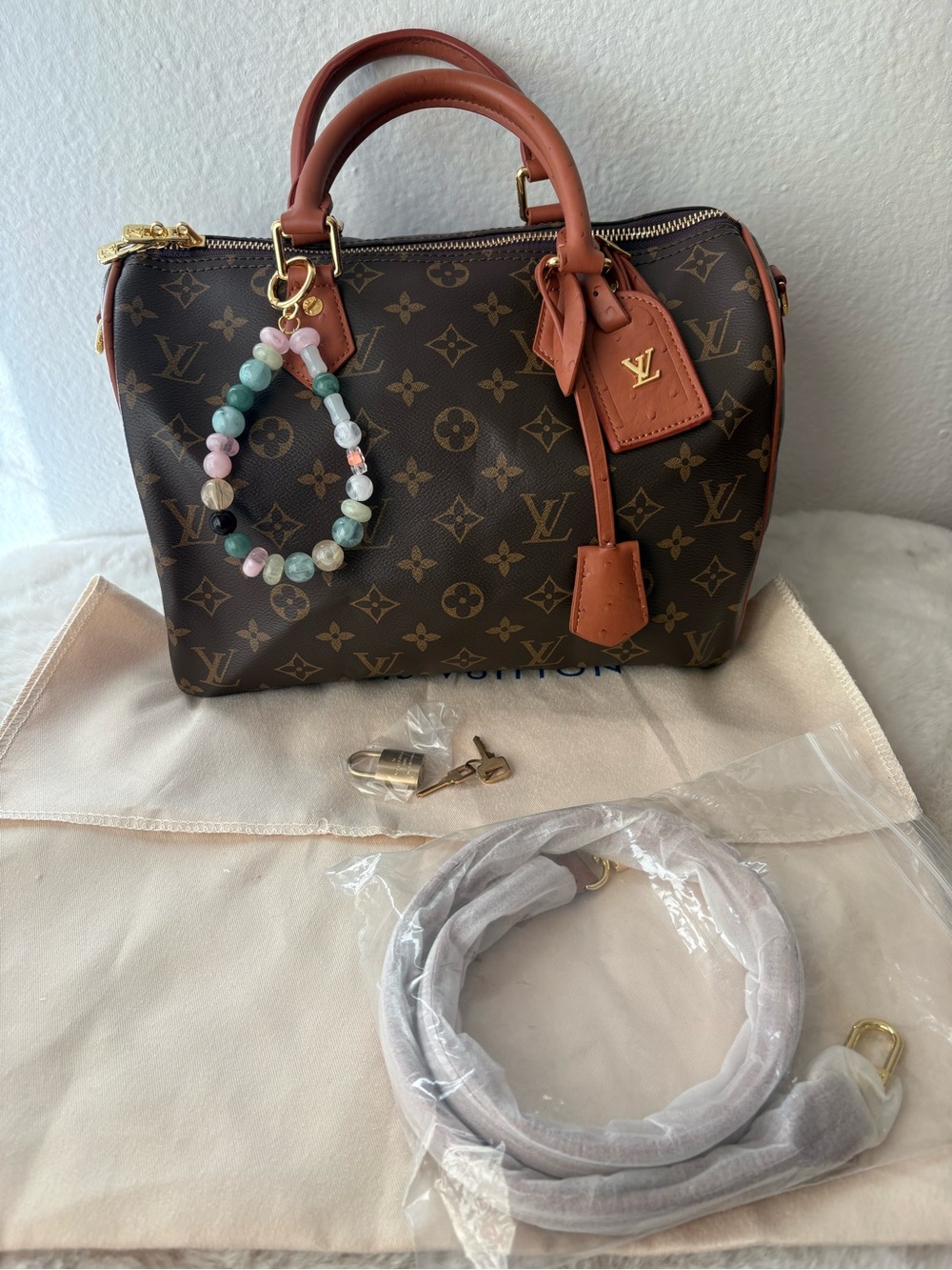 Inspired Monogram Speedy 25 Satchel with Tan Trim